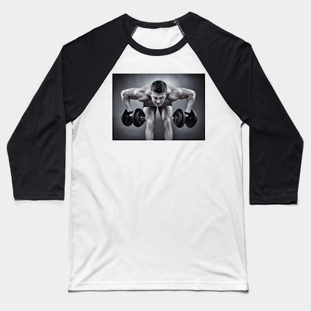 Athletic man working with heavy dumbbells Baseball T-Shirt by naturalis